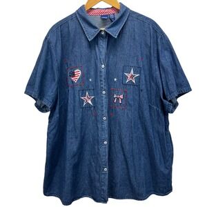 VTG 90s Womens 3X Denim Shirt Patriotic Embroidered Short Sleeve Button Up USA